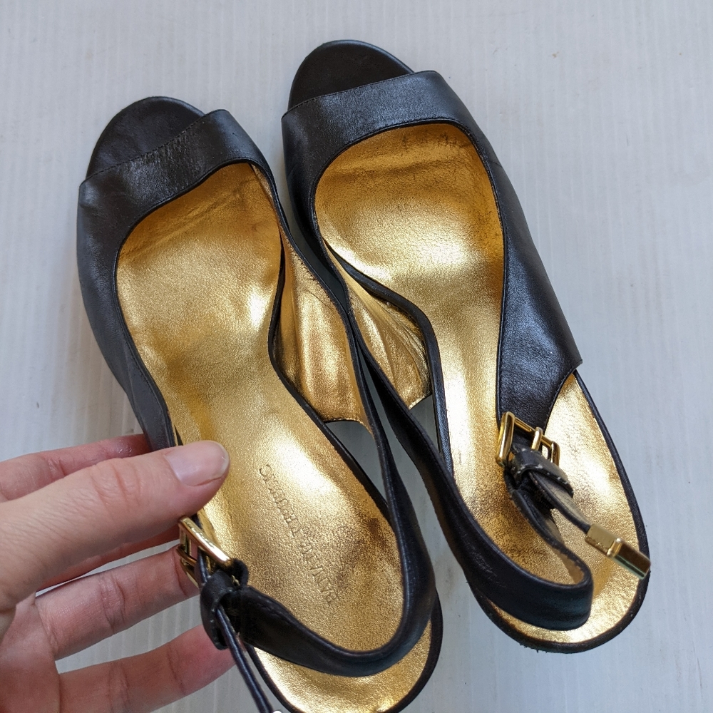 BANANA REPUBLIC women's black leather peep toe slingback heeled pumps - Picture 7 of 13